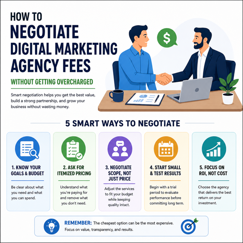 Business professionals negotiating digital marketing agency fees with smart budgeting and pricing strategy illustration